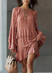 Stylish Pink Ruffled Patchwork Chiffon Mid Dress Spring 3
