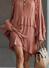 Stylish Pink Ruffled Patchwork Chiffon Mid Dress Spring 4