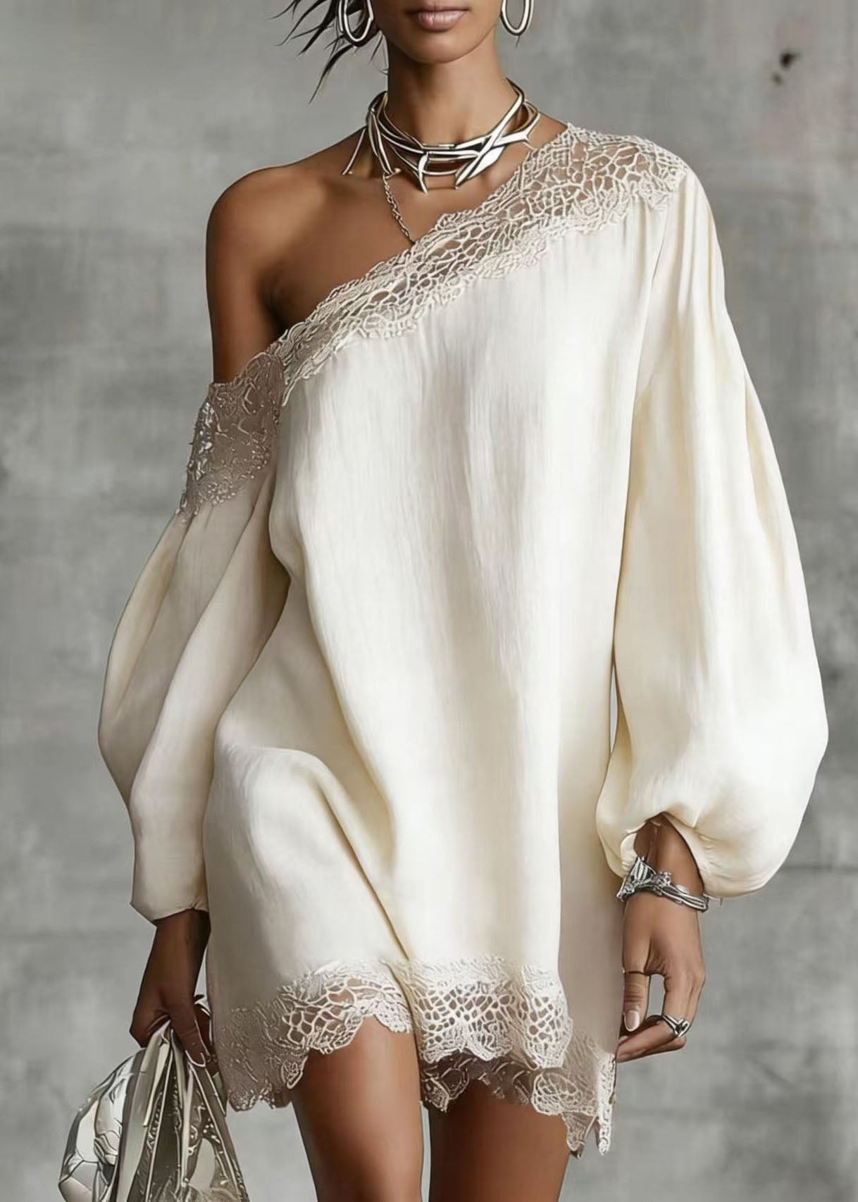 One Shoulder Long Balloon Sleeve Lace Trim Shift Mini Dress