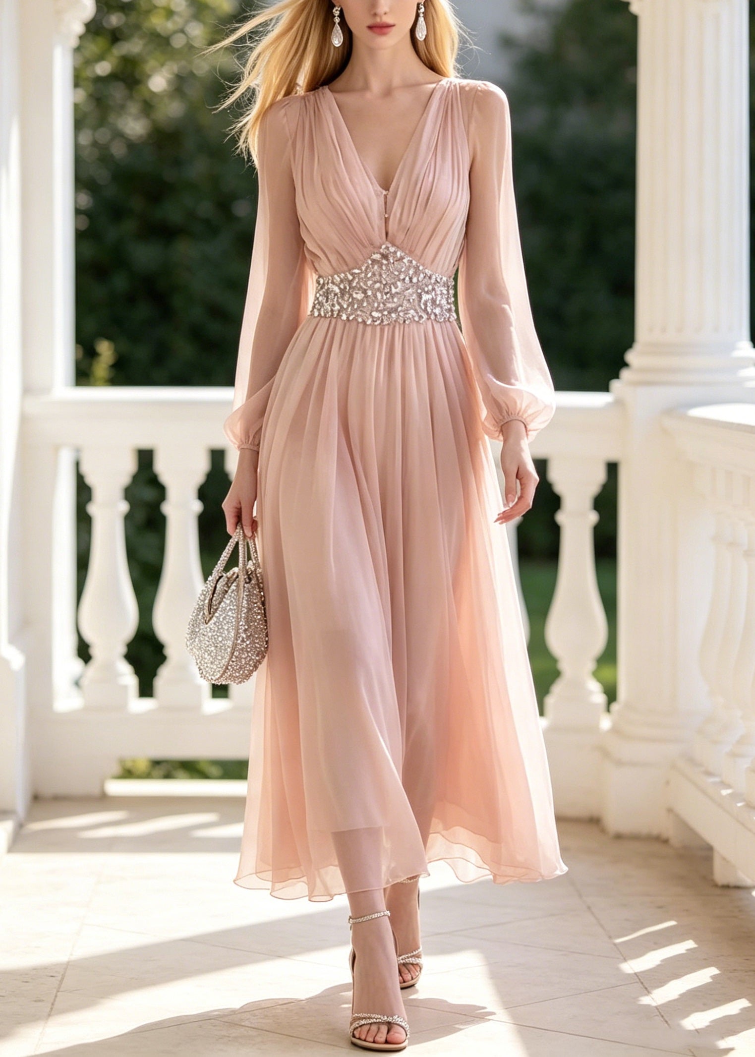 Chiffon V-Neck Long Bishop Sleeve Rhinestone Waist Maxi Gown