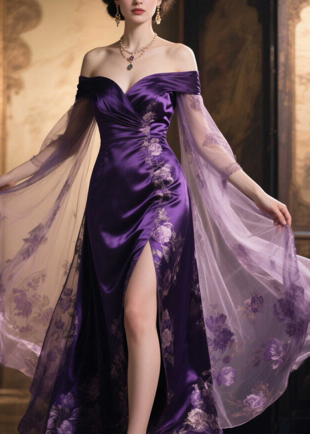 Floral Embroidery Off Shoulder Cape Sleeve High Split Satin Maxi Gown