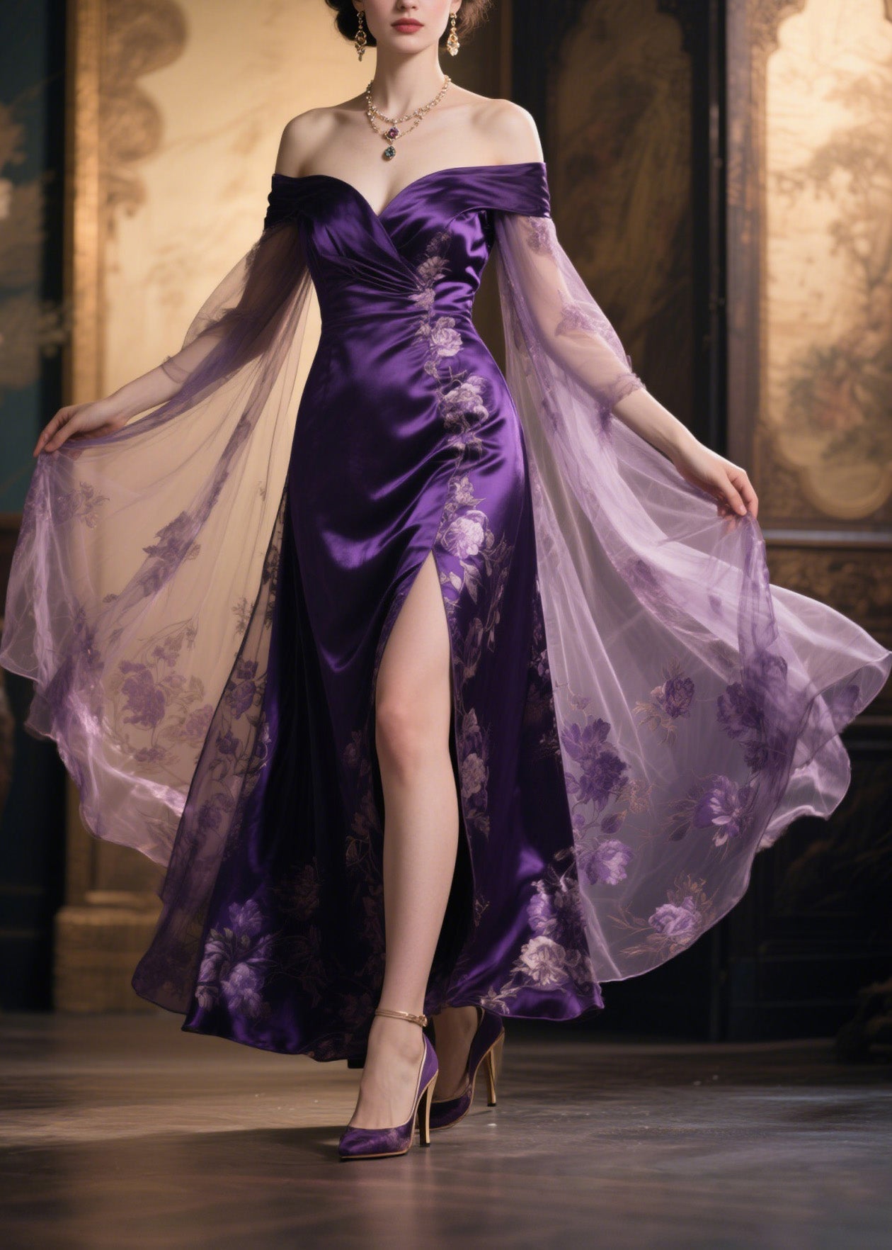 Floral Embroidery Off Shoulder Cape Sleeve High Split Satin Maxi Gown