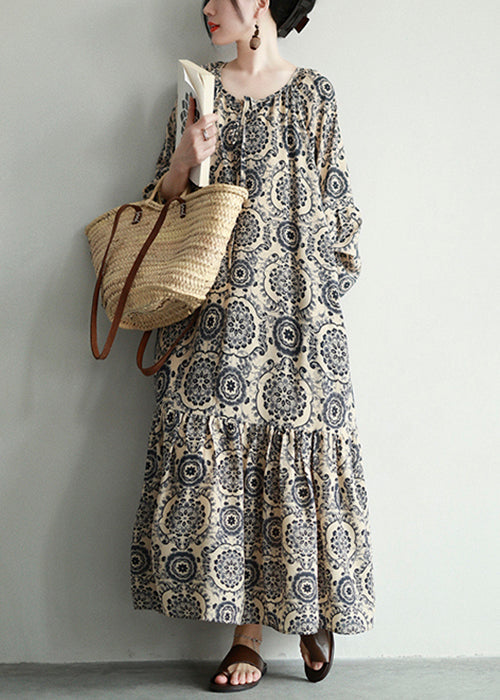 Medallion Print V-Neck Lace Up Tiered Long Sleeve Bohemian Maxi Dress