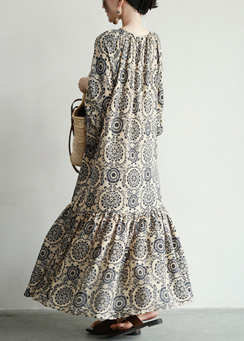 Medallion Print V-Neck Lace Up Tiered Long Sleeve Bohemian Maxi Dress