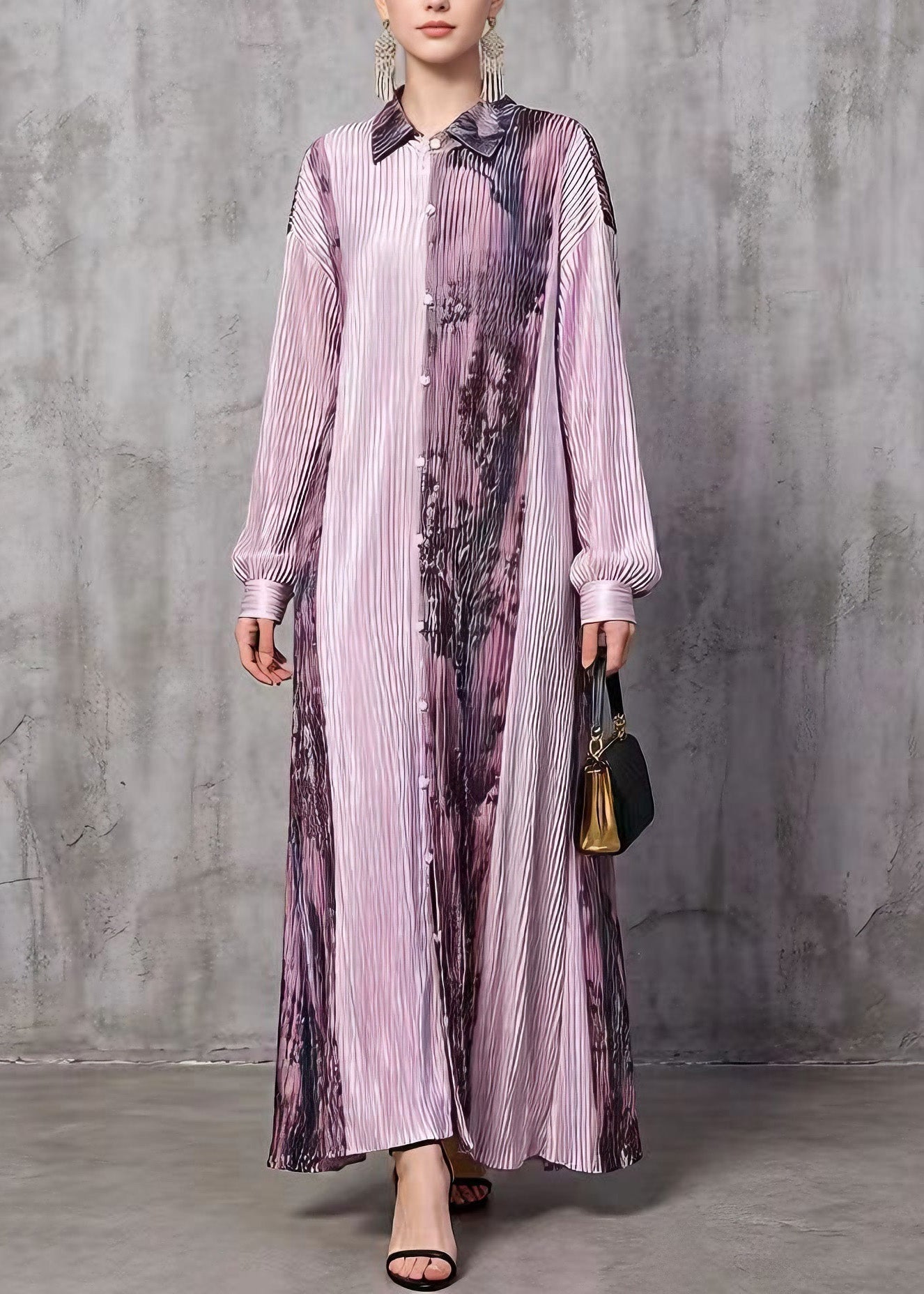 Pleated Pointed Collar Button Front Long Sleeve Abstract Print Maxi Dress