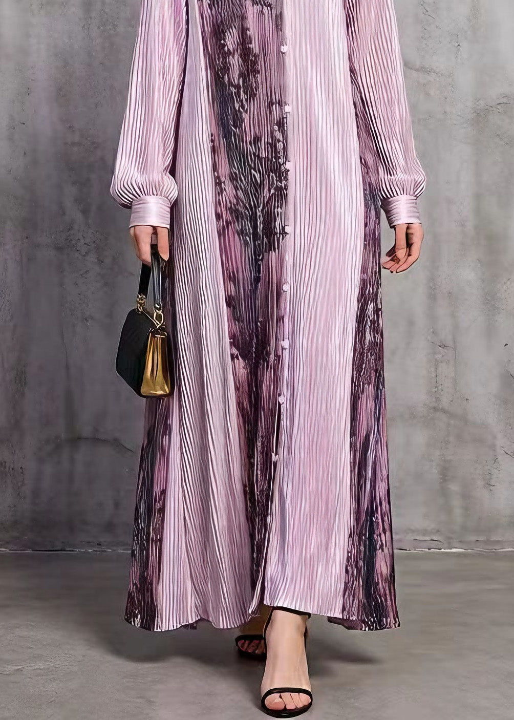 Pleated Pointed Collar Button Front Long Sleeve Abstract Print Maxi Dress