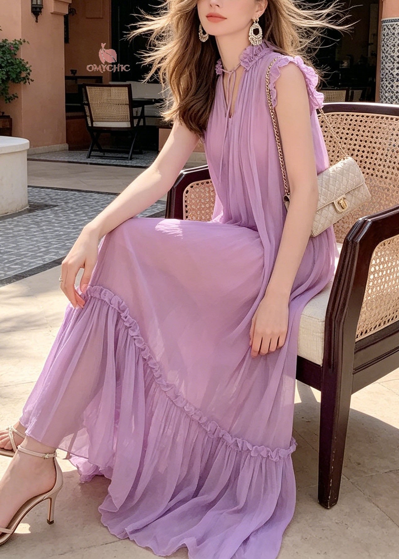 Stylish Purple Ruffled Patchwork Chiffon Maxi Dresses Summer - View 2