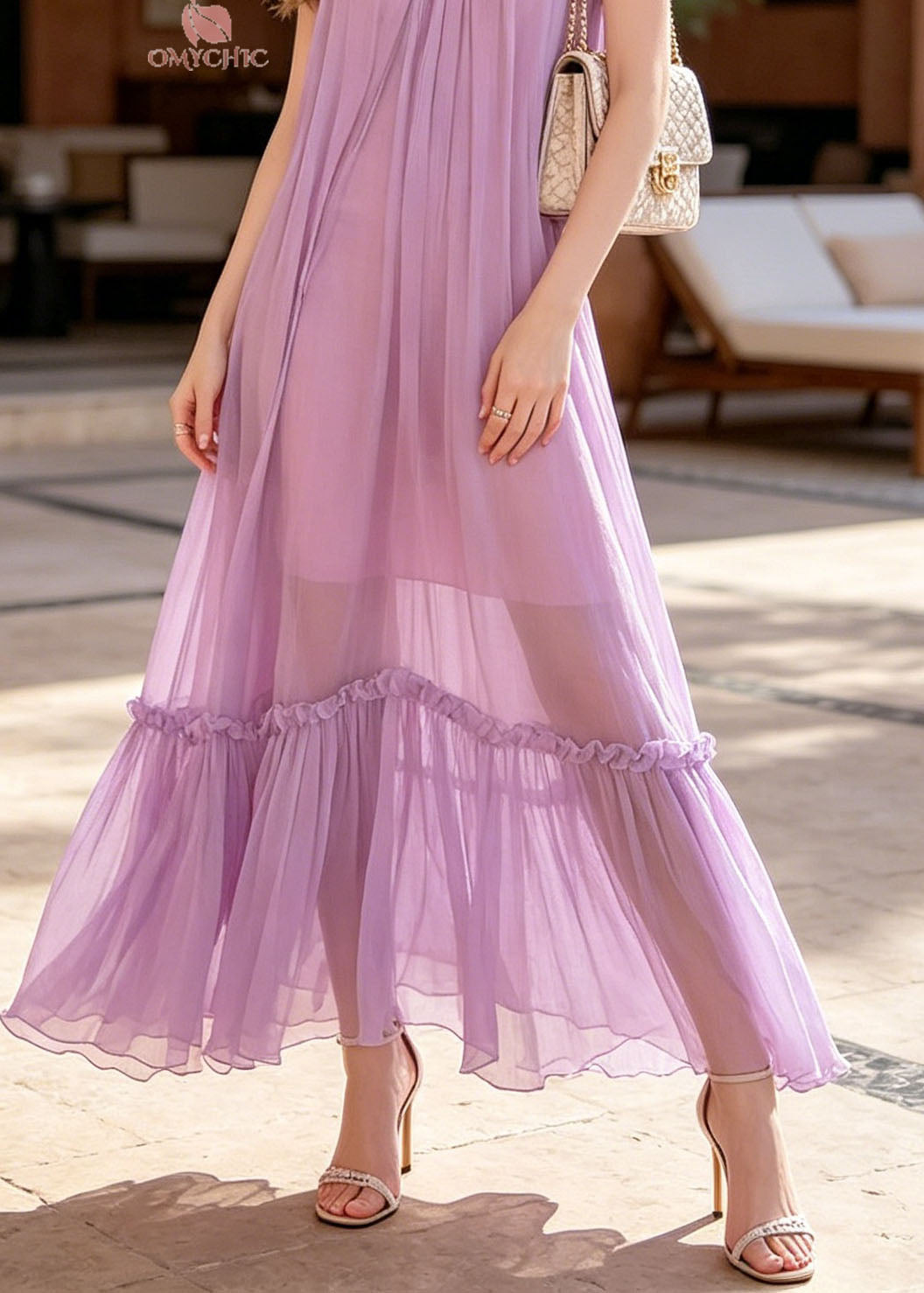 Stylish Purple Ruffled Patchwork Chiffon Maxi Dresses Summer - View 4