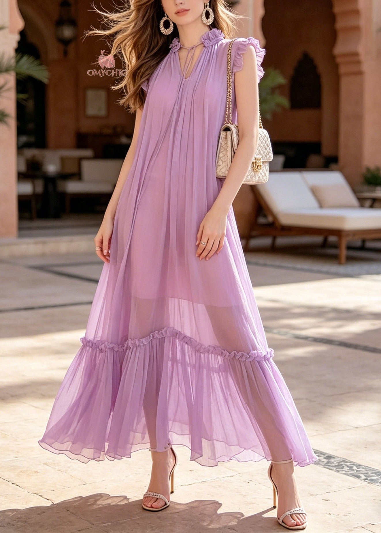 Stylish Purple Ruffled Patchwork Chiffon Maxi Dresses Summer - View 5