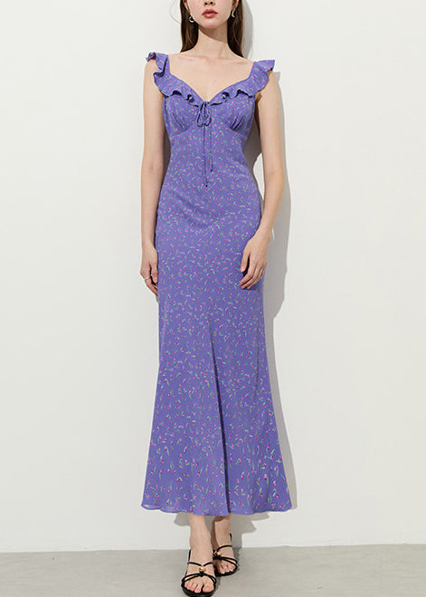 Stylish Purple Ruffled Print Chiffon Party Dress Summer