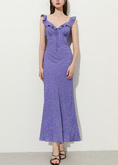 Stylish Purple Ruffled Print Chiffon Party Dress Summer