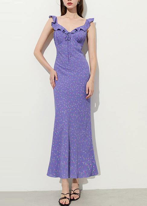 Stylish Purple Ruffled Print Chiffon Party Dress Summer 2