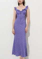 Stylish Purple Ruffled Print Chiffon Party Dress Summer 3