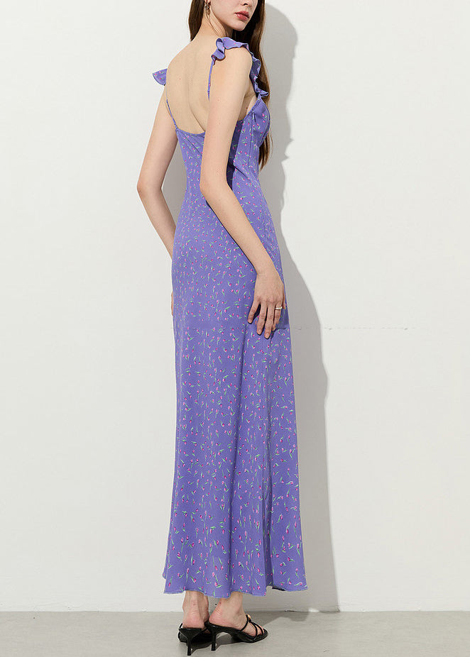 Stylish Purple Ruffled Print Chiffon Party Dress Summer 4