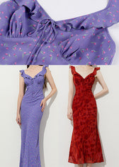 Stylish Purple Ruffled Print Chiffon Party Dress Summer 5