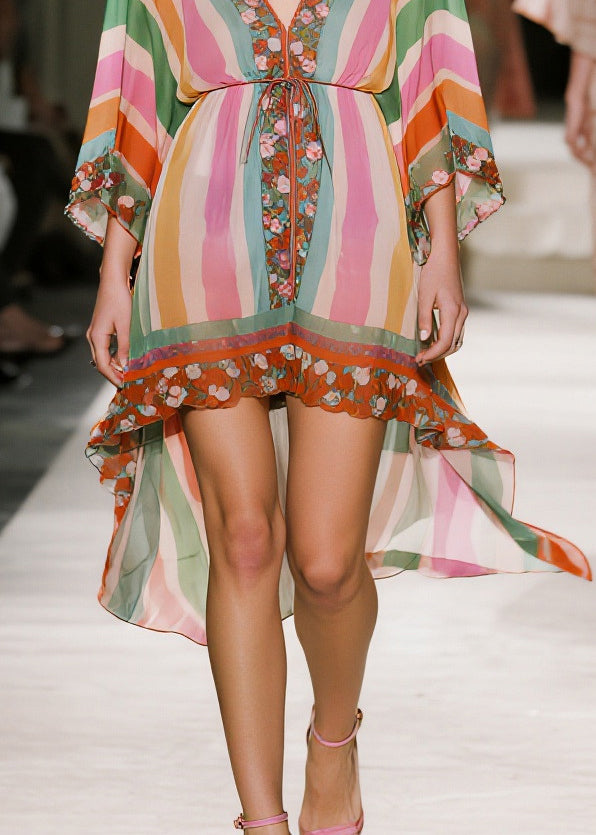 Striped Deep V-Neck Kimono Sleeve Floral Border Drawstring High Low Mini Dress