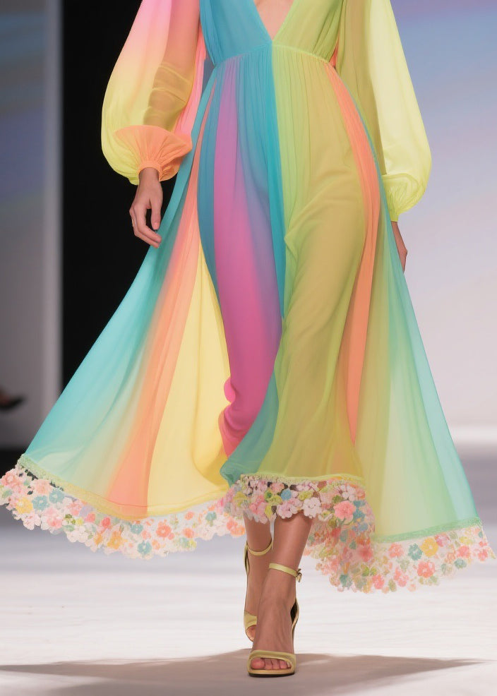 Striped Pleated Chiffon Deep V-Neck Long Sleeve Floral Applique High Low Maxi Gown