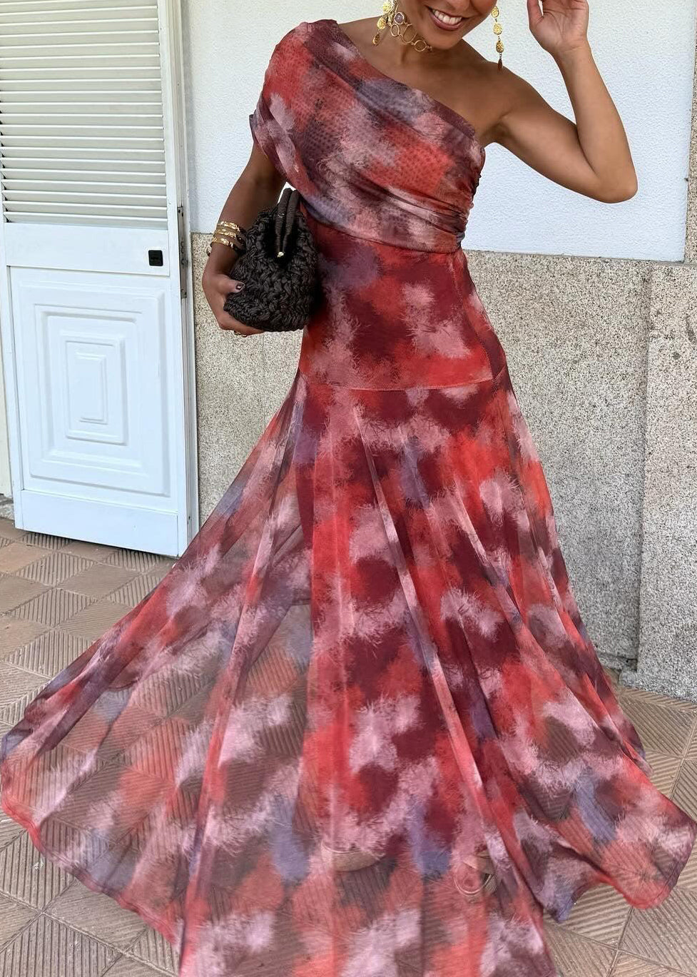 One Shoulder Abstract Print Tulle Draped Ruched Pleated Maxi Dress