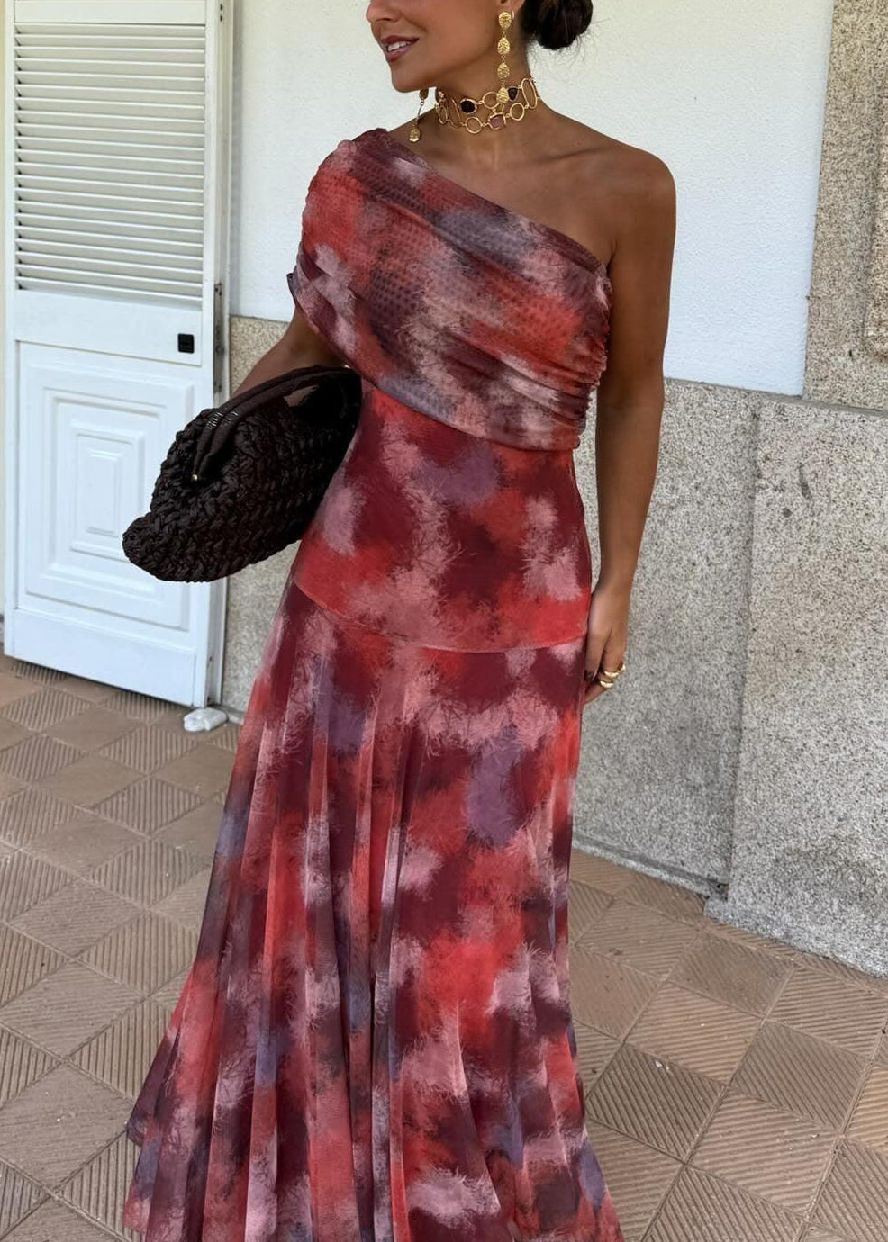 One Shoulder Abstract Print Tulle Draped Ruched Pleated Maxi Dress