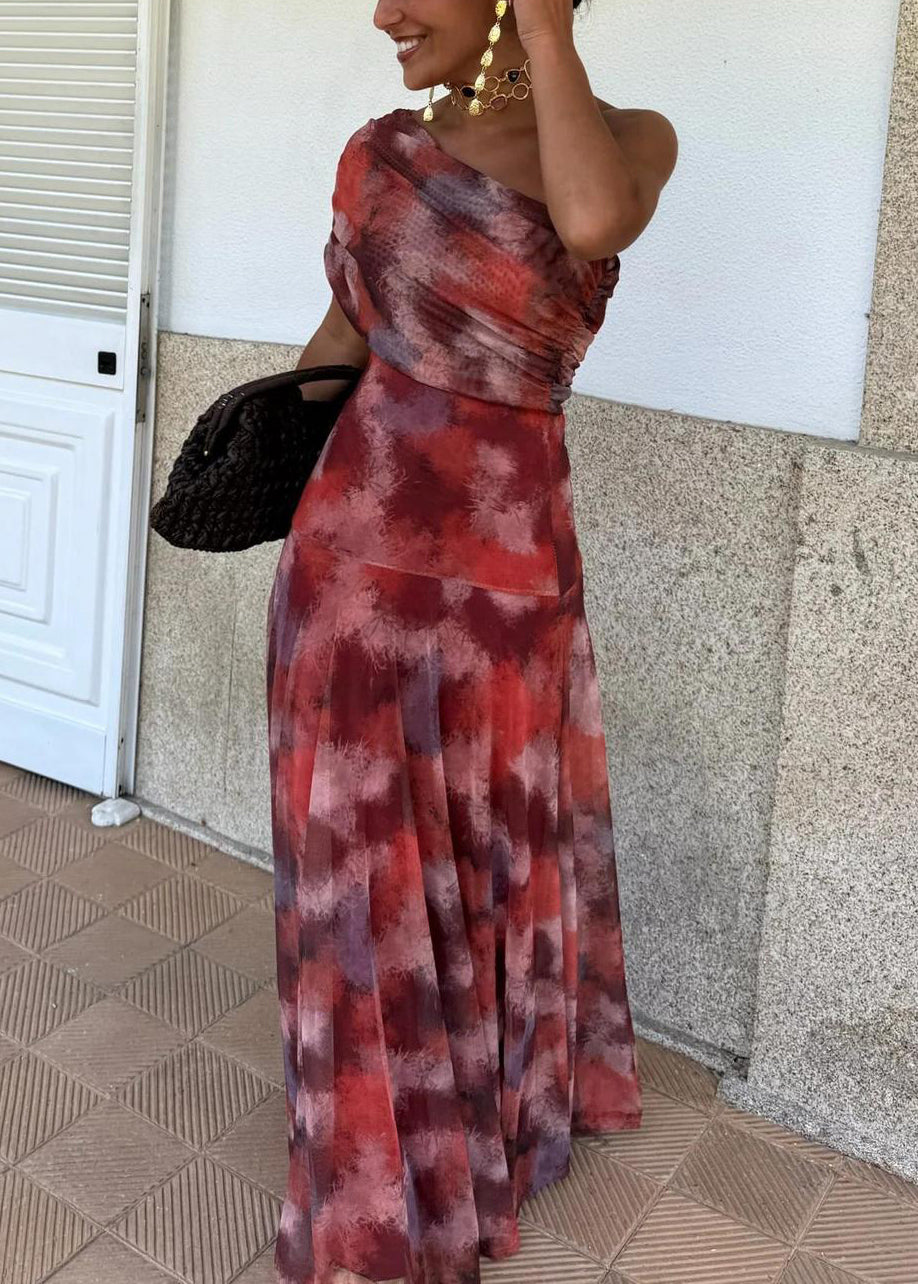 One Shoulder Abstract Print Tulle Draped Ruched Pleated Maxi Dress
