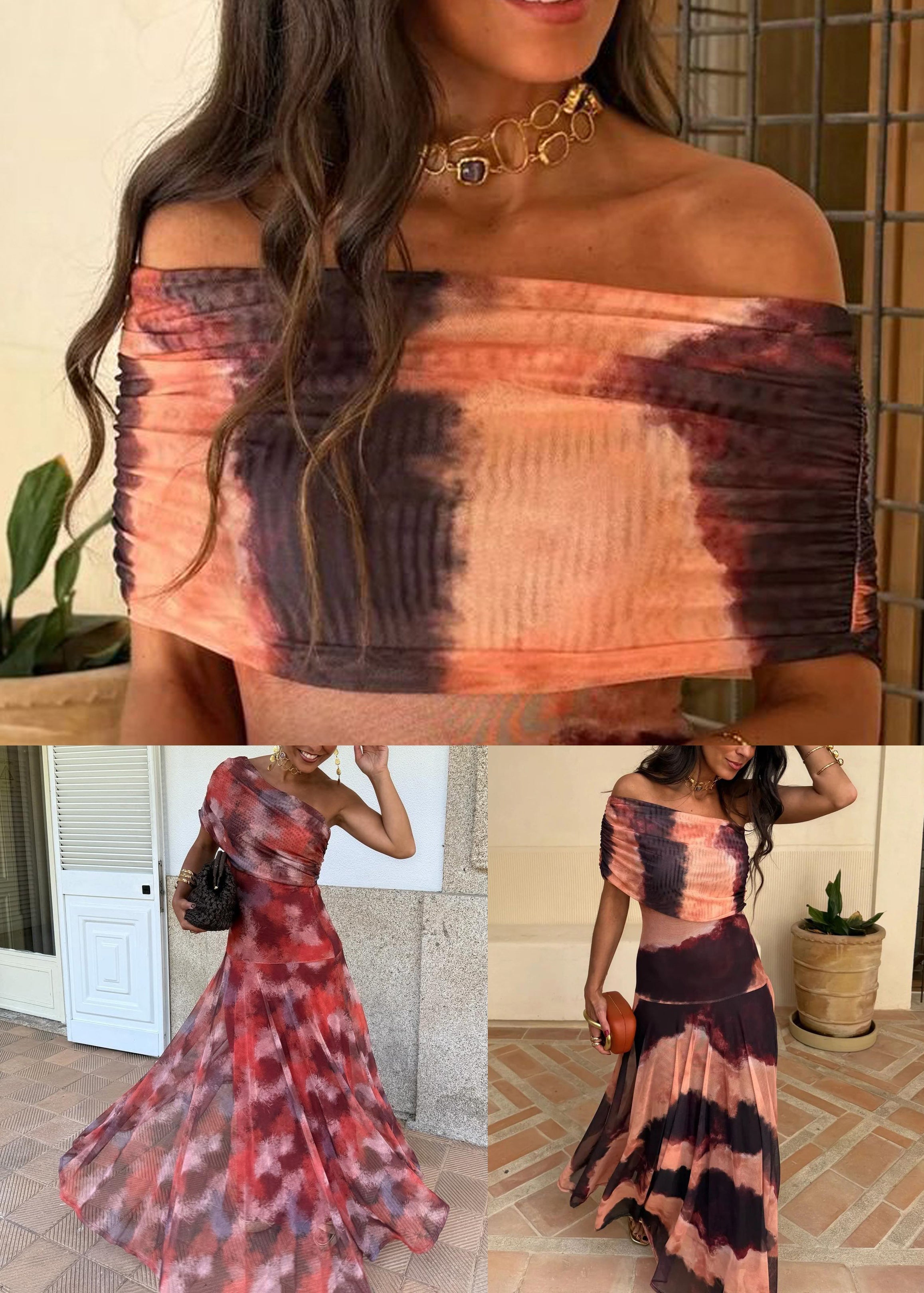 One Shoulder Abstract Print Tulle Draped Ruched Pleated Maxi Dress