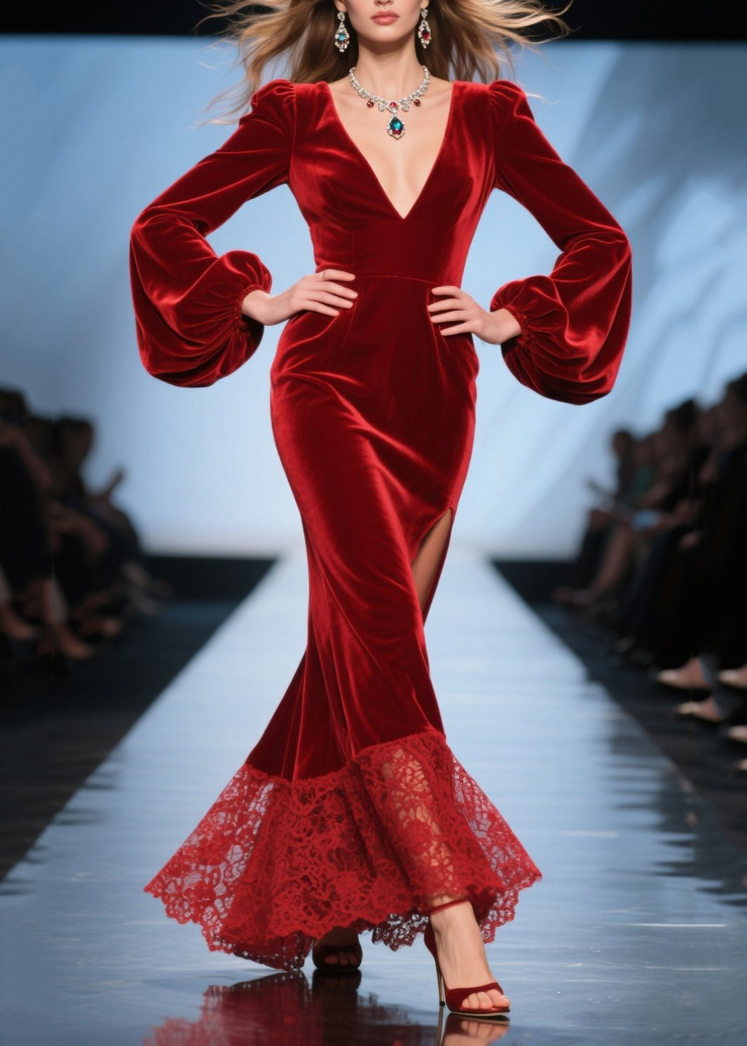 Velvet Deep V-Neck Bishop Sleeve Lace Hem High Split Maxi Gown