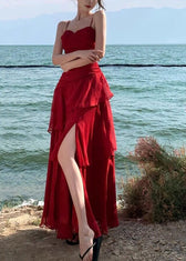 Stylish Red Exra Large Hem Chiffon Spaghetti Strap Dress Summer 2