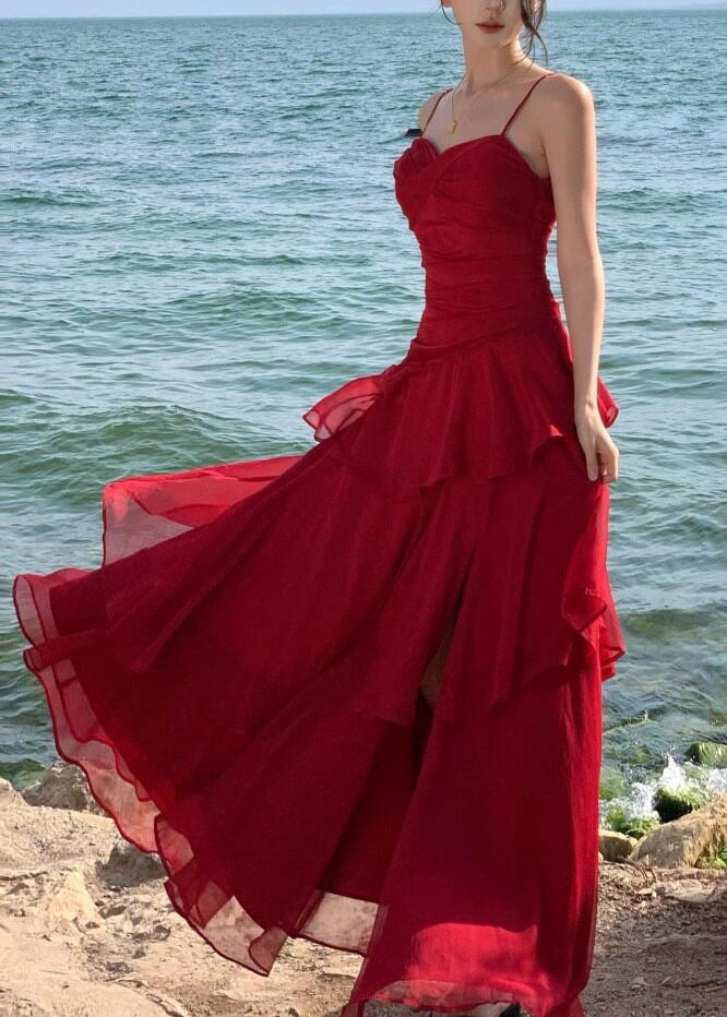 Stylish Red Exra Large Hem Chiffon Spaghetti Strap Dress Summer 3