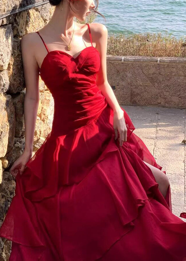 Stylish Red Exra Large Hem Chiffon Spaghetti Strap Dress Summer 4