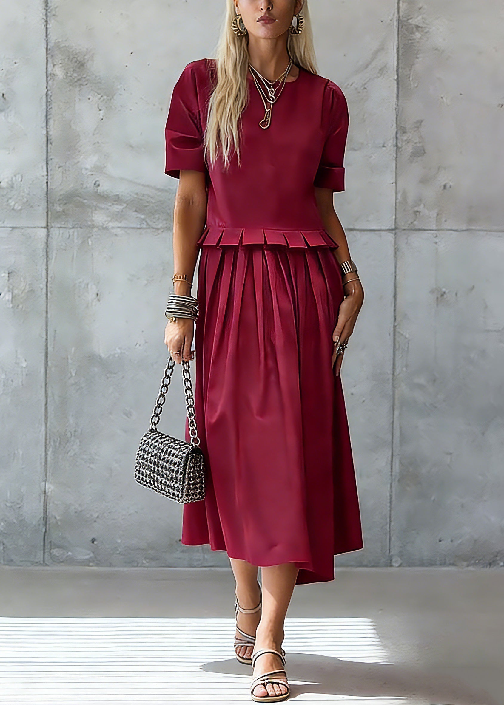 Stylish Red Ruffled Solid Maxi Dress Summer