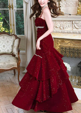 Stylish Red Zircon Ruffled Silk Velvet Maxi Spaghetti Strapi Dresses Summer