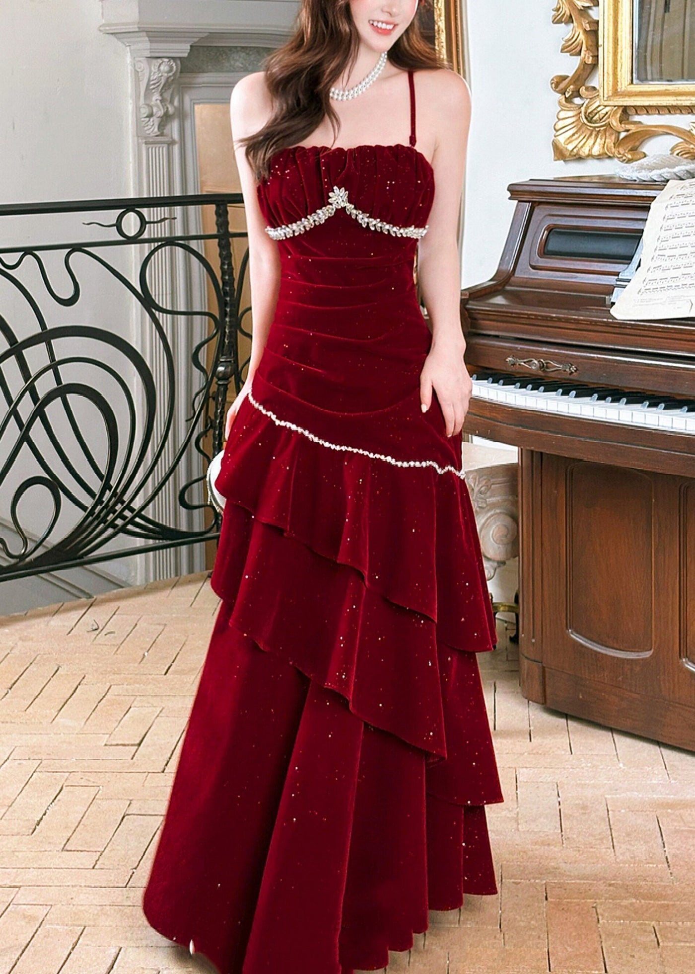 Stylish Red Zircon Ruffled Silk Velvet Maxi Spaghetti Strapi Dresses Summer 2