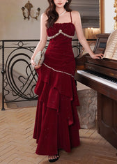 Stylish Red Zircon Ruffled Silk Velvet Maxi Spaghetti Strapi Dresses Summer 3