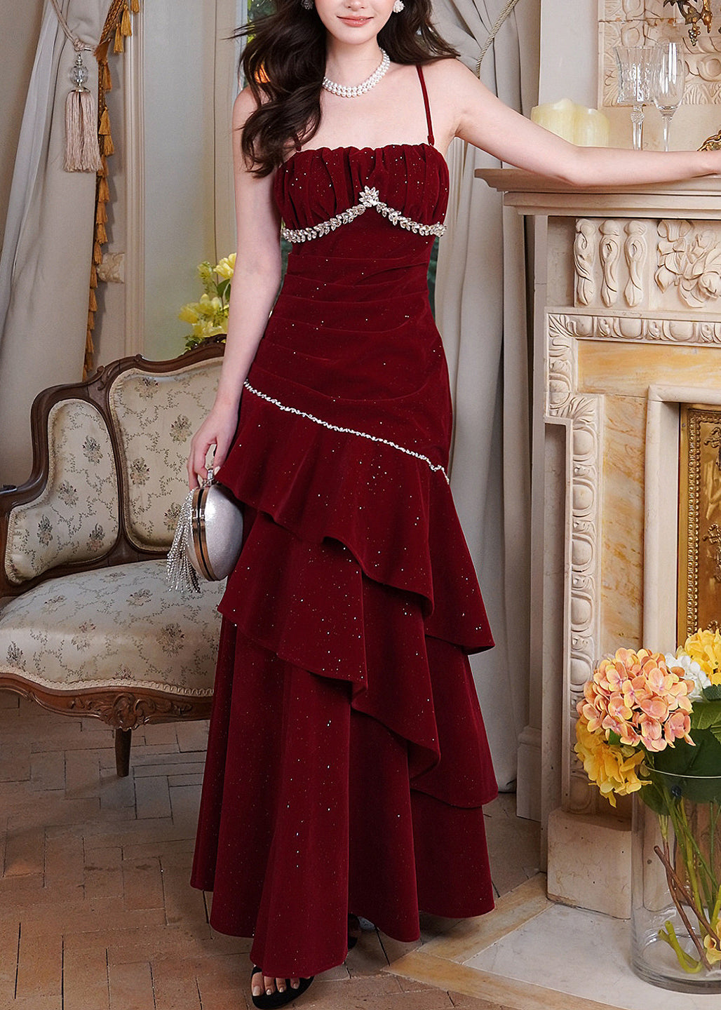 Stylish Red Zircon Ruffled Silk Velvet Maxi Spaghetti Strapi Dresses Summer 4