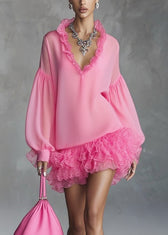 Stylish Rose Ruffled Patchwork Chiffon Mini Dresses Spring