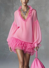 Stylish Rose Ruffled Patchwork Chiffon Mini Dresses Spring 3
