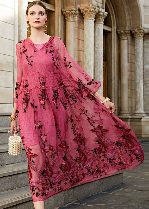 Embroidered Phoenix Floral Hooded V-Neck Bell Sleeve Maxi Dress