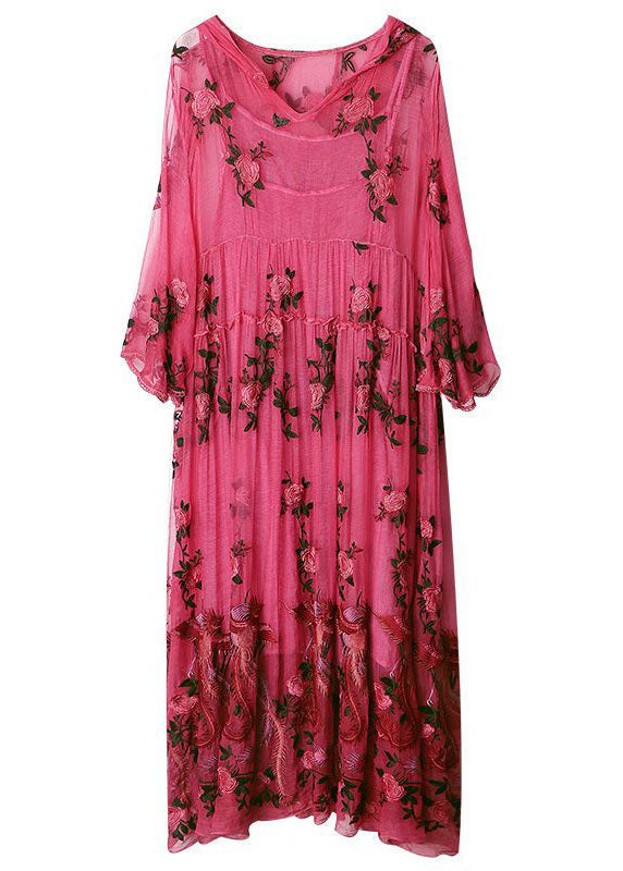 Embroidered Phoenix Floral Hooded V-Neck Bell Sleeve Maxi Dress