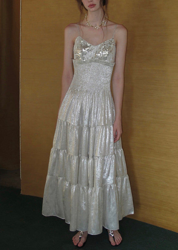 Sequin Spaghetti Strap V-Neck Smocked Waist Tiered Chiffon Maxi Dress