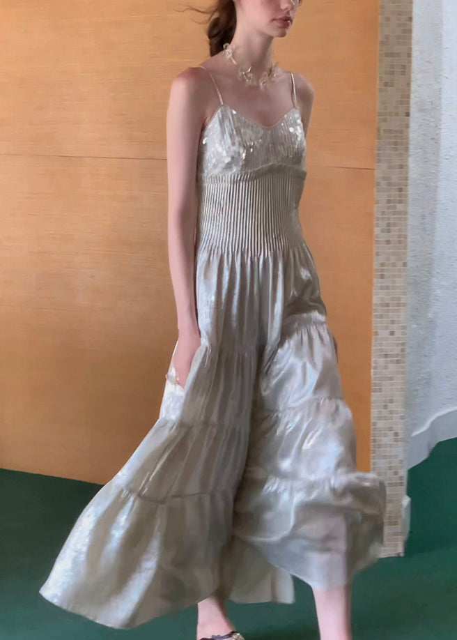 Sequin Spaghetti Strap V-Neck Smocked Waist Tiered Chiffon Maxi Dress