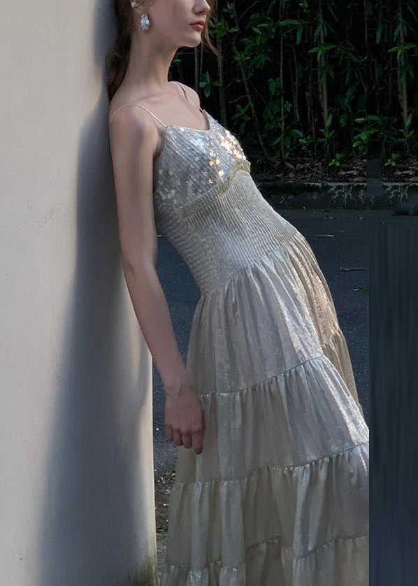 Sequin Spaghetti Strap V-Neck Smocked Waist Tiered Chiffon Maxi Dress