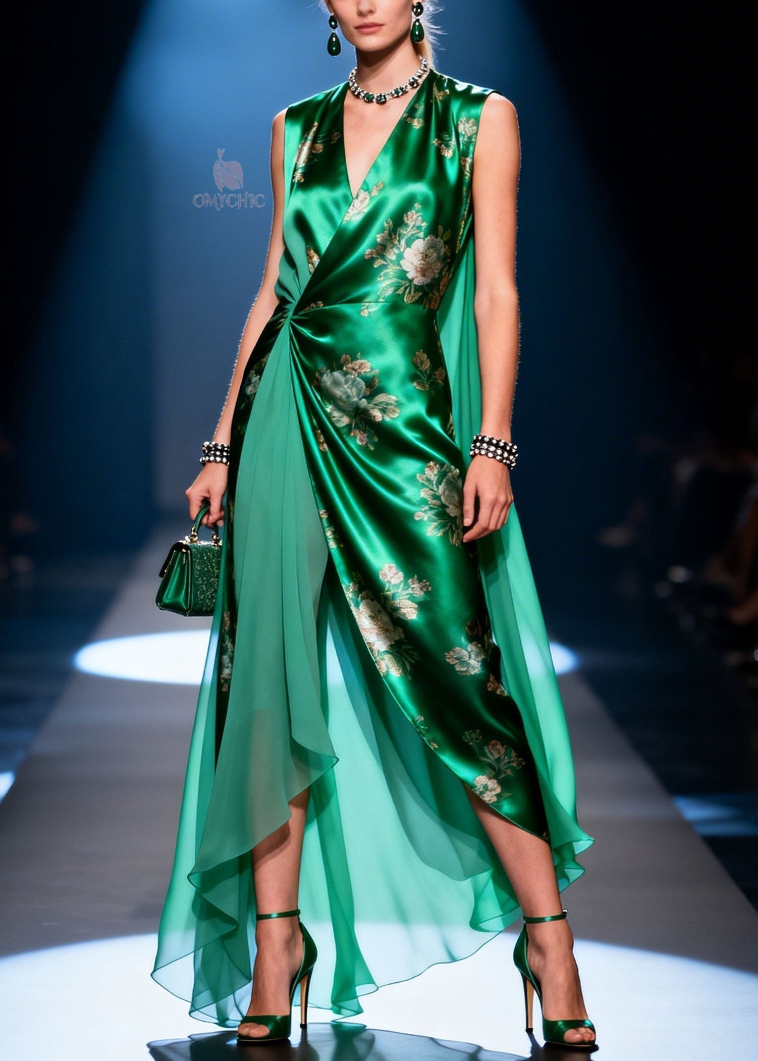 Satin Floral Print Sleeveless V-Neck Wrap Waist Sheer Cape Panel Maxi Gown