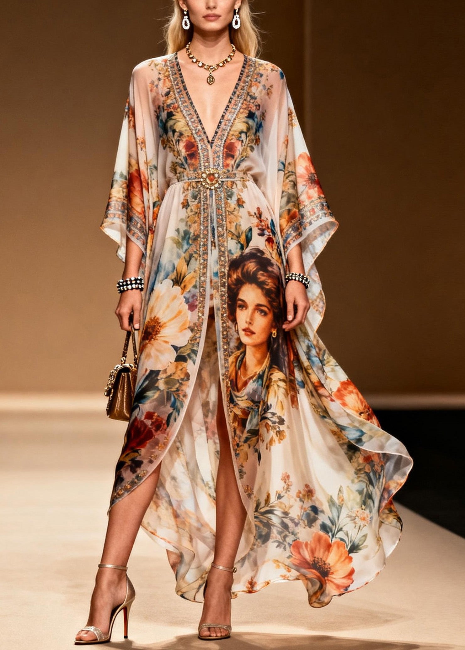 Floral Portrait Print Deep V-Neck Buckle Waist Kimono Sleeve Kaftan Maxi Gown