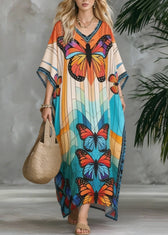 Stylish V Neck Butterfly Print Chiffon Maxi Dresses Summer