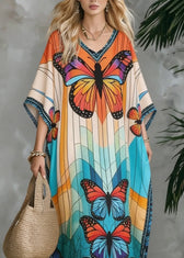 Stylish V Neck Butterfly Print Chiffon Maxi Dresses Summer 2
