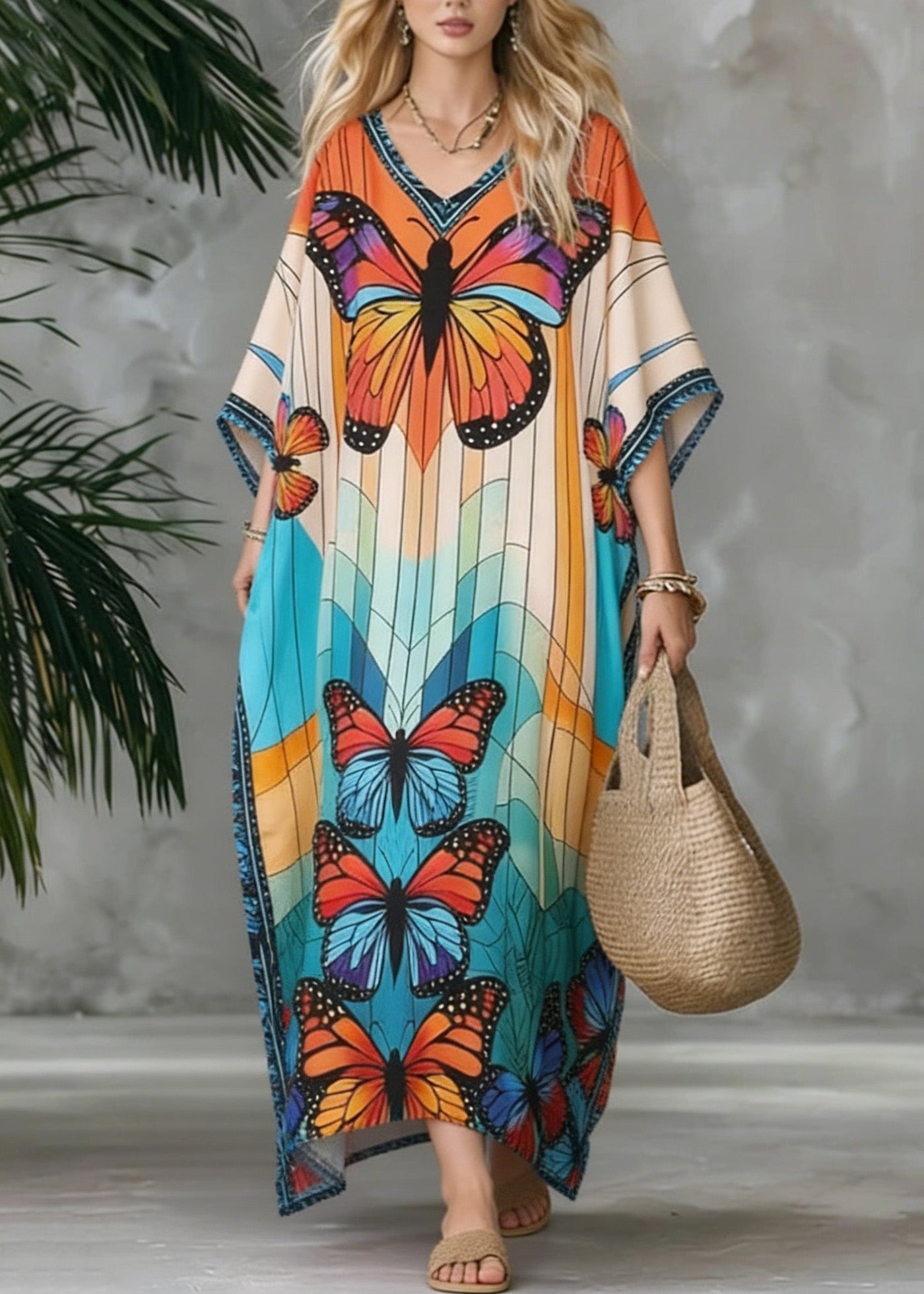Stylish V Neck Butterfly Print Chiffon Maxi Dresses Summer 5
