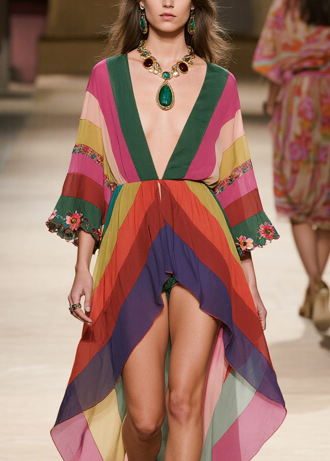Floral Embroidered Deep V-Neck Bell Sleeve Diagonal Stripe High Low Chiffon Midi Dress