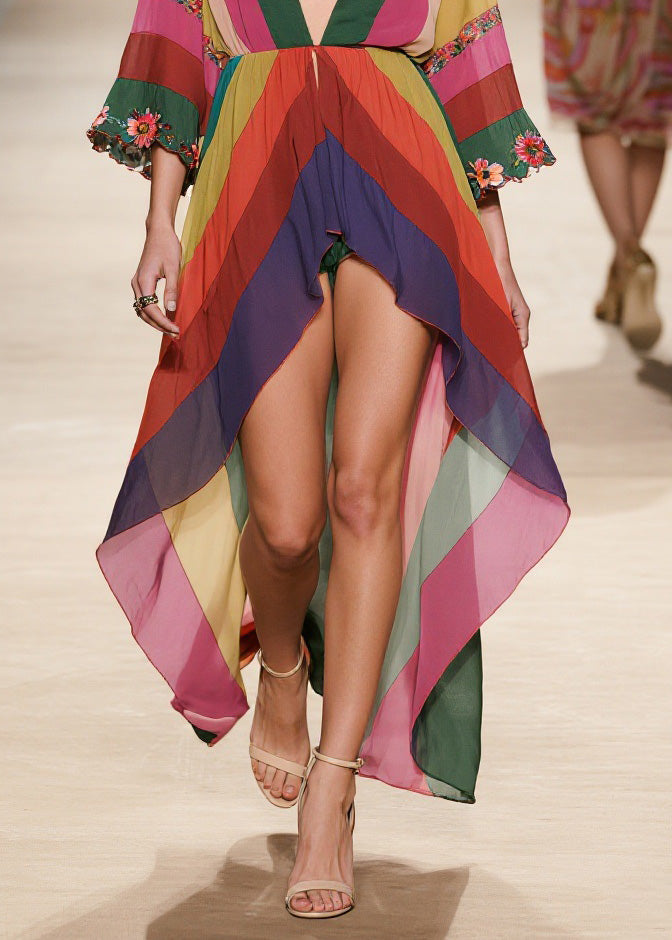 Floral Embroidered Deep V-Neck Bell Sleeve Diagonal Stripe High Low Chiffon Midi Dress