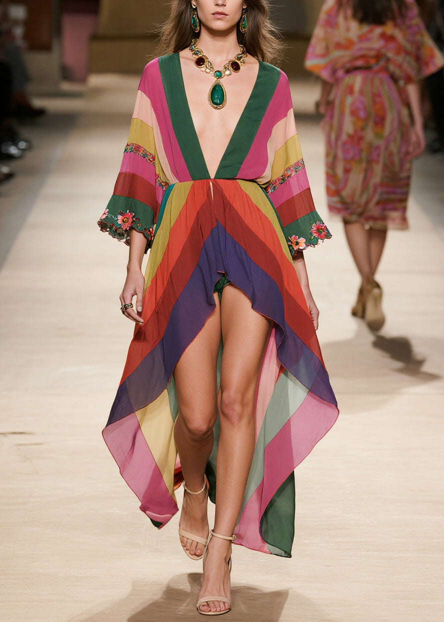 Floral Embroidered Deep V-Neck Bell Sleeve Diagonal Stripe High Low Chiffon Midi Dress