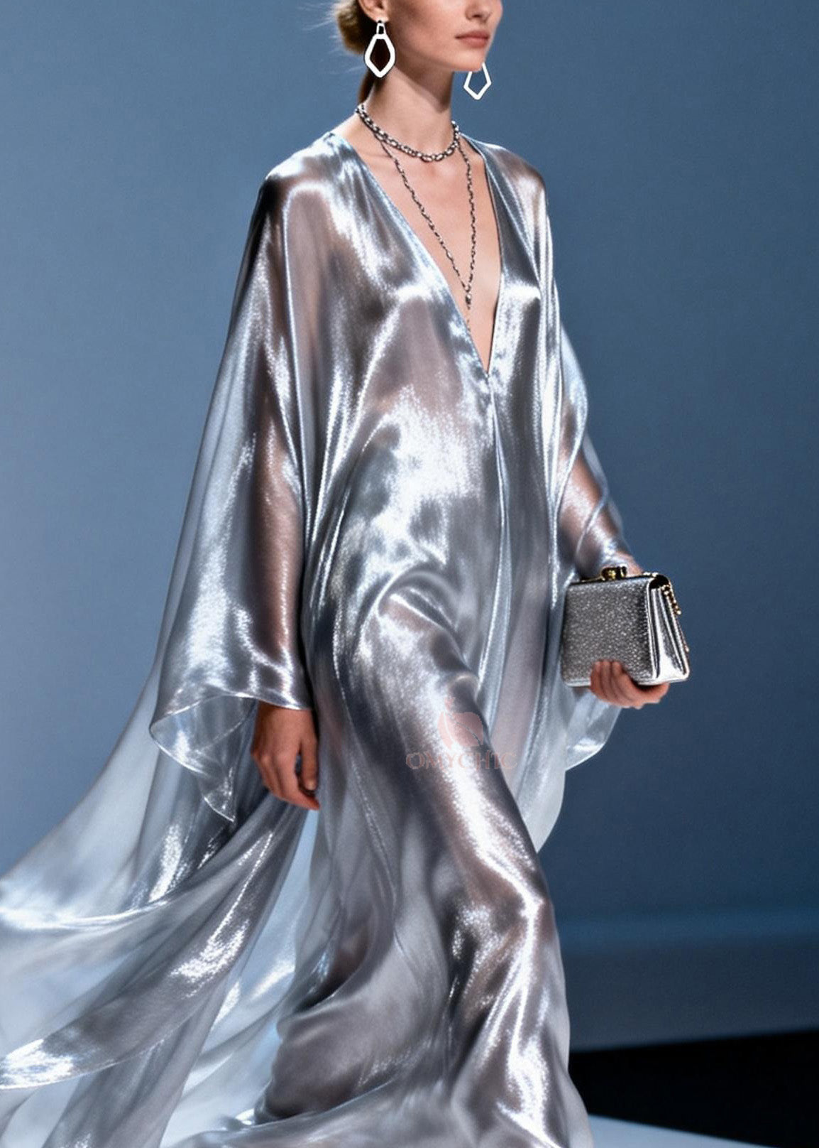 Metallic Chiffon Deep V-Neck Oversized Cape Sleeve Kaftan Maxi Gown